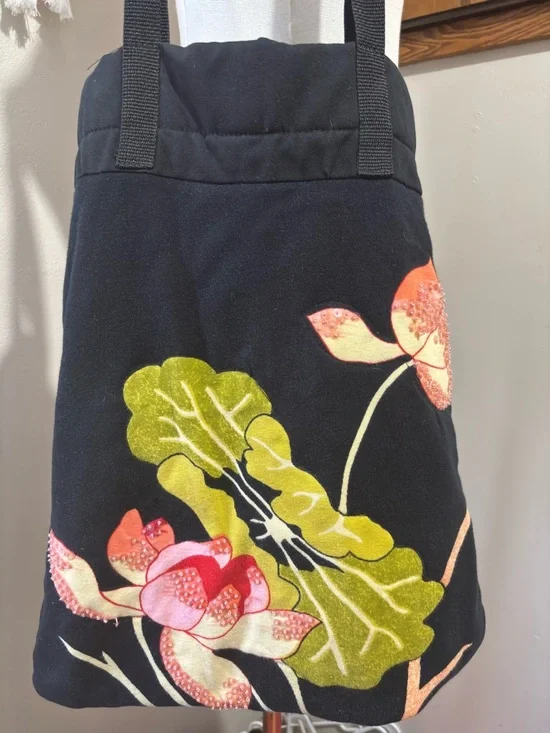 Black Floral Tote with Pink & Green Accents Sequins Rhinestones - Picture 2 of 9